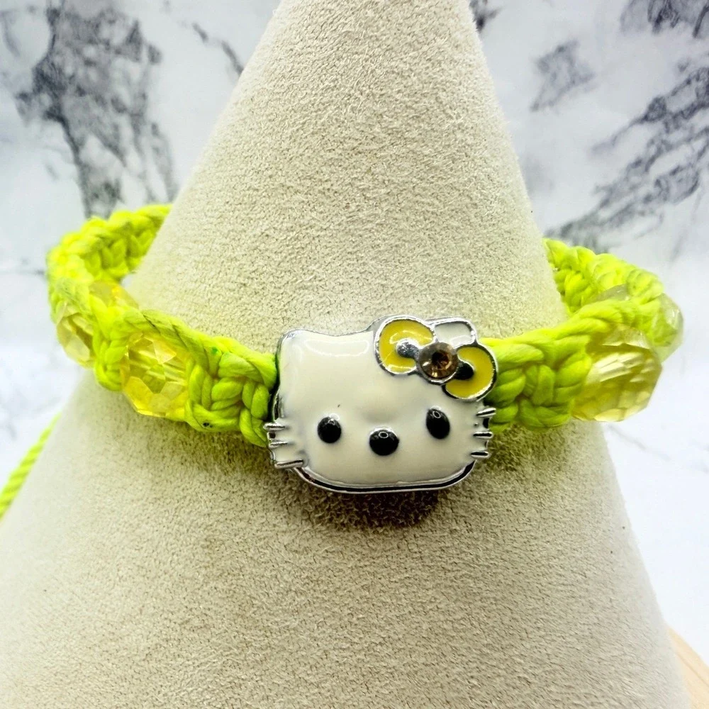 Girls Cat Bracelets Lot of 2 Pink Cord Green Macrame Adjustable Kitty
